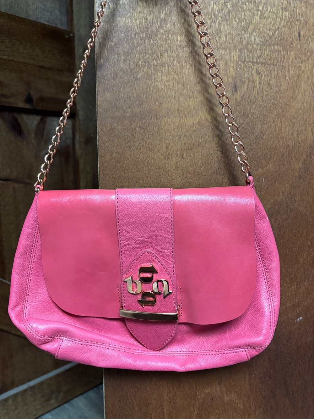Ted Baker London Hot Pink Leather Shoulder Bag with Gold Chain